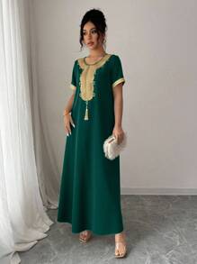 Rafferiza Women's Casual Elegant Gold Lace Trim Long Sleeve Dress Summer Dress Clothes For University - Dark Green - View 3