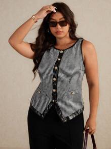 Elaquor 大码女式优雅简约都市商务休闲无袖夹克，适合春秋季 - 黑與白 - 查看 3