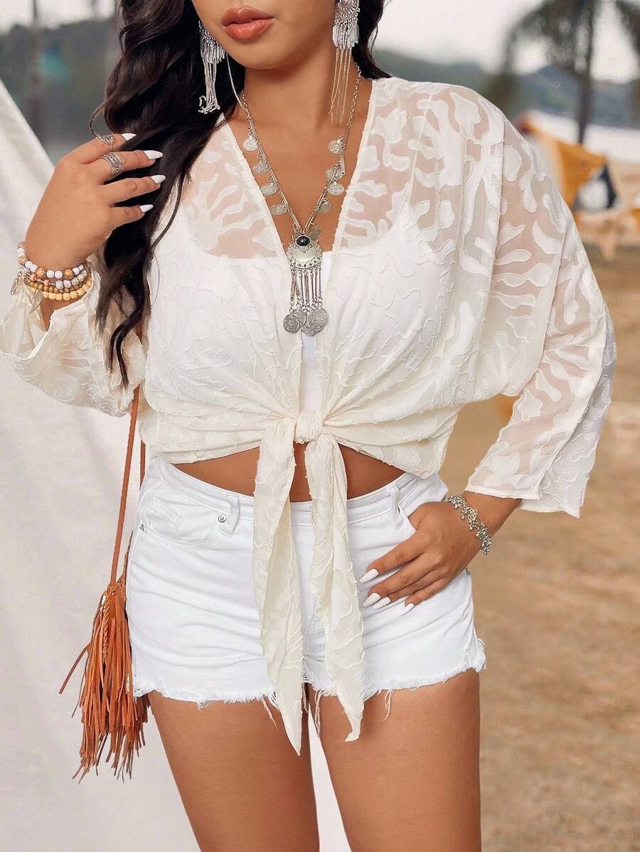 SHEIN Clasi Plus Size Women's Casual Vacation Chiffon Jacquard Tie Front Shirt - White - View 1