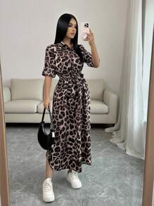 Rafferiza Women's Leopard Floral Print Tie-Up Front Slit Long Sleeve Convertible Shirt Dress Fall Cloth For Women - Black - View 3