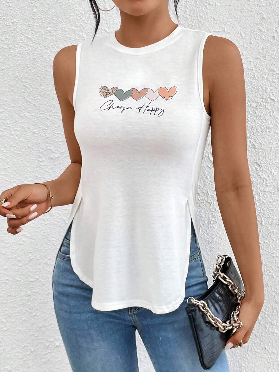 Lucivie 女士心形字母图案开衩背心 选择快乐图案 T 恤 女士上衣 - 白色 - 查看 1
