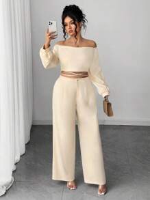 Elenzga 大码女式露肩抹胸蝴蝶结肩带长袖上衣和直腿宽裤两件套