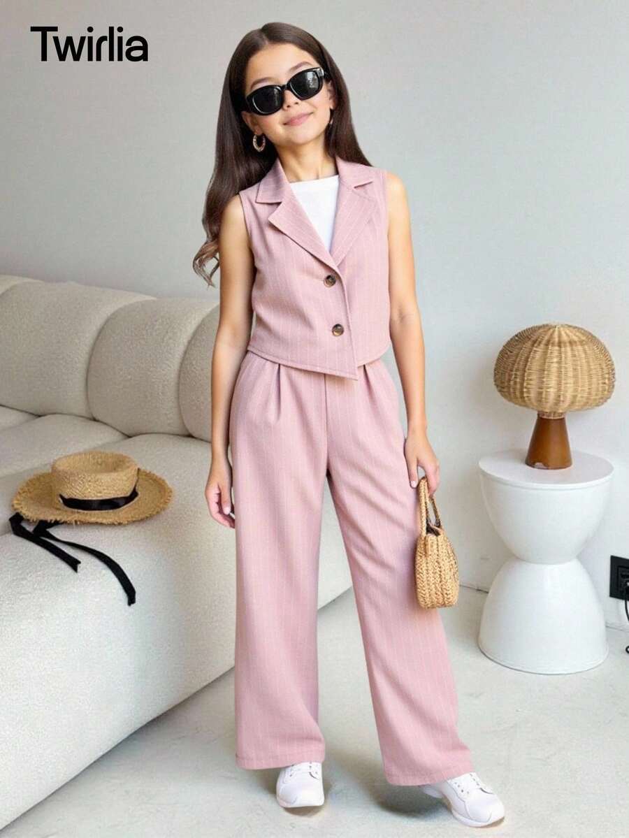 2件套青少年女孩优雅都市通勤蓝白条纹西装外套和裤子套装 - 彩色 - 查看 1