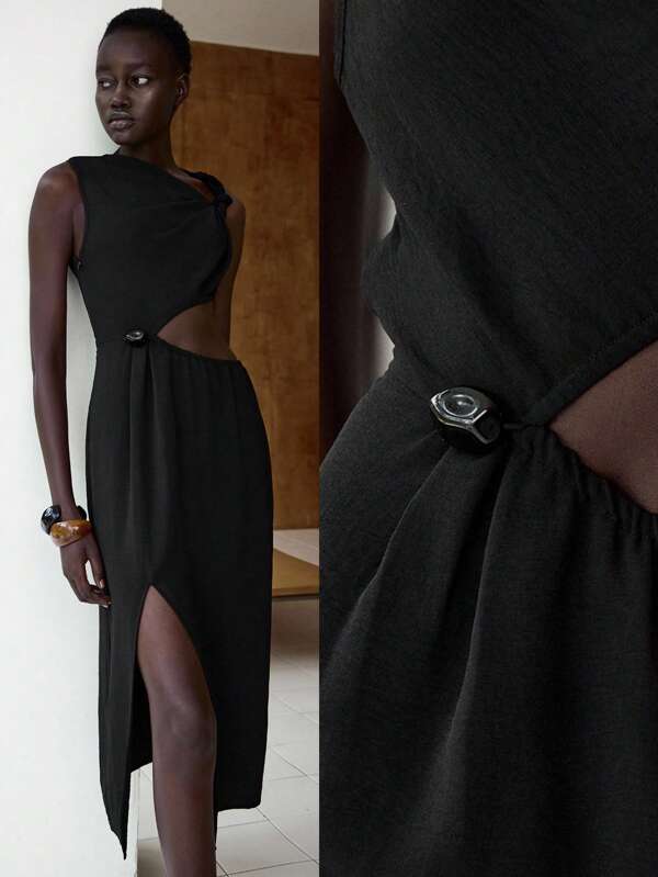 Lumivelle Women's Personalized Drape Neck Knotted Side Hollow Resin Button Mini Dress, Sexy, Vacation