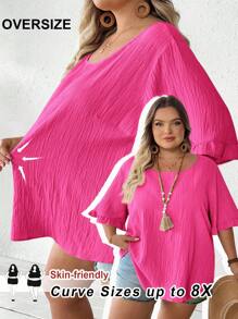 SHEIN CURVE+ 大码女式夏季衬衫，荷叶边短袖宽松下摆休闲上衣，适合日常/度假海滩毕业茶会 - 玫紅色 - 查看 8