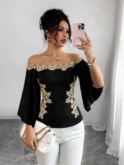 Selianne 女士性感优雅日常金色花卉装饰露肩 T 恤，配有金色腰部贴花，针织弹力喇叭袖纯色露肩优雅女式 T 恤，适合女性，春夏季