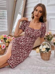 Breezaya Đầm cổ vuông tay ngắn in họa tiết ngẫu nhiên đơn giản hàng ngày cho nữ đi nghỉ ở bãi biển - Đỏ - Xem 3