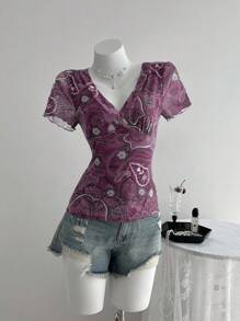 Elamini Damen Lässig Paisley Muster Kurzarm T-Shirt, Sommer - Heißes Pink - Übersicht 1