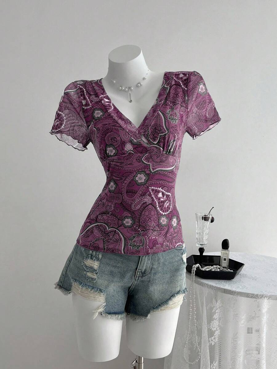 Elamini Damen Lässig Paisley Muster Kurzarm T-Shirt, Sommer - Heißes Pink - Übersicht 1