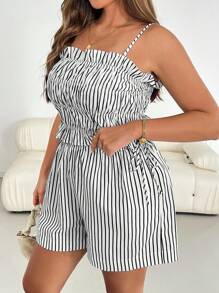 SHEIN Essnce 大码女装夏季两件套、短裤套装、女士休闲套装、女士夏季服装、女士露背上衣、条纹童装 - 黑與白 - 查看 3