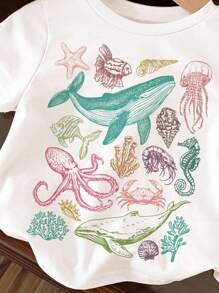 SHEIN Happikins 复古彩色海洋生物海岸图案T恤，女婴休闲简约短袖圆领T恤，适合夏季穿着，舒适透气，秋季叠穿，时尚女婴，休闲装，女婴图案服装，返校季，秋季服装，女婴海洋印花T恤，女婴海洋图案T恤，女婴海洋生物T恤，2T海洋T恤