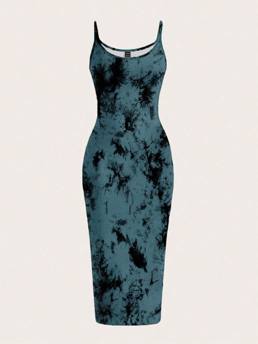 SHEIN EZwear 休闲简约橄榄绿色全印花紧身长裙，适合夏季 - 彩色 - 查看 1
