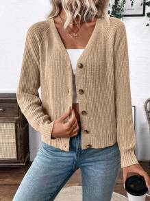 EMERY ROSE Versatile V-Neck Cardigan Sweater, Open Knit Outwear Loose Casual Minimalist Design, For Women Knitted Sweater Fall Winter Cloth For Women - Camel - View 3
