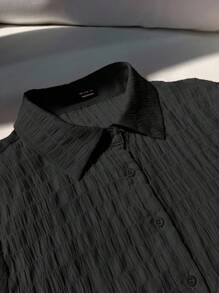 Comfortcana Plus Size Women's Black Textured Casual Fashionable Versatile Short Sleeve Shirt,Back To School - Black - View 4