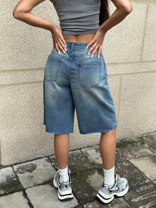 SHEIN PETITE Calções Bermuda de Ganga para Mulher Petite - Azul - Ver 2
