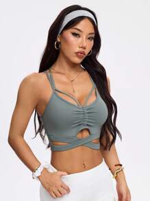 SHEIN Sovereign Charm 女士纯色交叉镂空运动文胸 - 軍綠色 - 查看 4