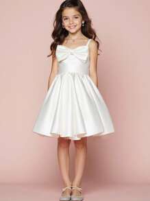 青少年女孩纯色优雅吊带背心连衣裙 - 白色 - 查看 1