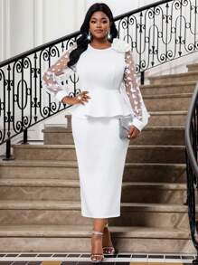 SHEIN Lady Spring And Summer Autumn And Winter Elegant Party Wedding Cocktail Party Concert/Music Festival White Knitted Embroidery Round Neck Bishop Sleeve 3D Rose Contrast Mesh Midi Long Sleeve Plus Size Co-Ords Summer Outfits For Women Birthday Outfits For Women Women Summer Clothes Concert Outfit Women Party Dresses For Women Summer Clothes Women Cruise Women Outfits Fall Women Clothes White Set Concert Outfits Festival Outfits