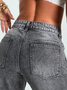 EURMUSE 100%纯棉低腰灰色喇叭牛仔裤 - 深灰色 - 查看 7