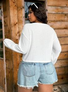 SHEIN EZwear Camiseta de manga larga de talla grande, casual y sencilla, de tejido tipo waffle a cuadros, para otoño/invierno - Beis - Ver 4