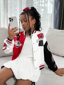SHEIN 青少年女孩紅黑配色校隊夾克，秋季返校休閒校園棒球夾克，印有Logo標語短版棒球服 - 紅色 - 查看 5