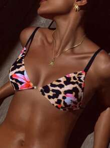 Abstract Leopard & Floral Print Bikini Top, Beach/Vacation For Summer