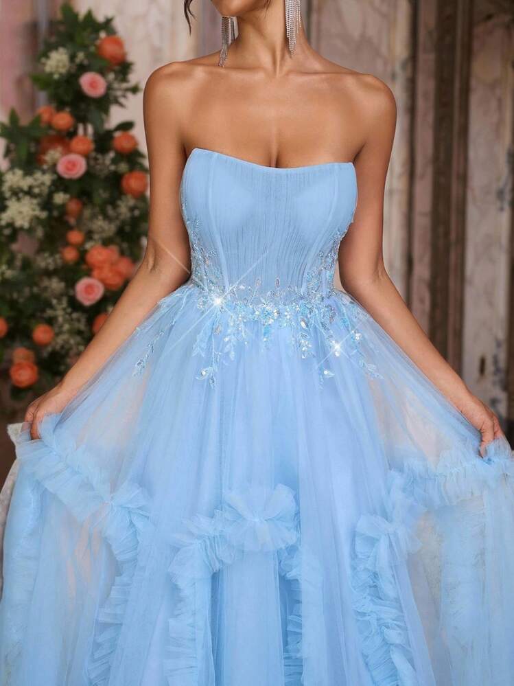 Glamrae Saia Maxl Peplum Elegante e Luxuosa com Renda de Lantejoulas Florais de Pérolas, Tela Plissada Sexy, Adequada para Casamento, Despedida de Solteira, Férias, Gala, Vestido de Festa Formal (Enfeites Pesados) - Cinza Azul - Visão 4