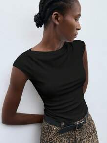 Maija 女士休闲纯色修身T恤，百搭上衣，适合外出、商务、学校、办公室穿着，秋季 - 黑色 - 查看 1