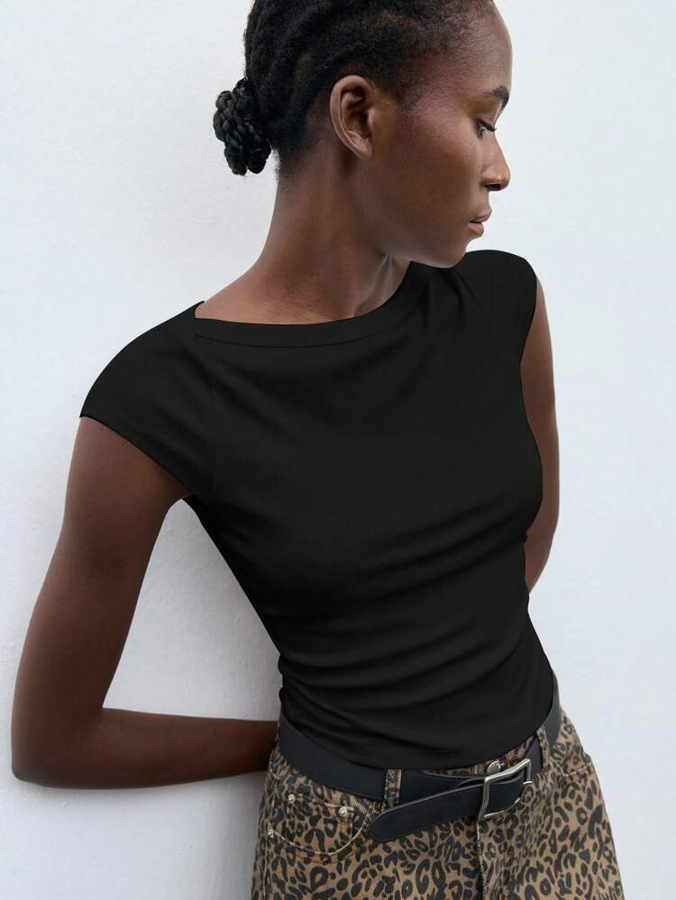 SHEIN Maija Women's Casual Solid Color Slim Fit T-Shirt, All-Match Top, Versatile For Outings, Business, School, Office Wear, National Day T-Shirt