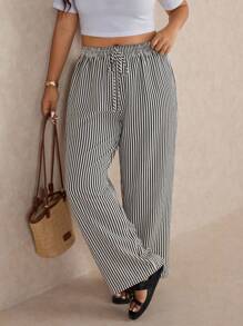 Elaquor 大码女式黑色和杏色条纹休闲通勤裤，百搭日常长裤，2025 年新品 - 彩色 - 查看 5