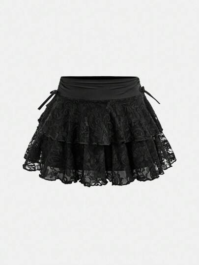 SHEIN Girlism Stylish Short Black Tween Girls Skirt With Graphic Lace Detailing And Ruffle Design Black Lace Skirt Girls Black Skirt Skirts With Shorts Underneath Short Skirt Ruffle Skirt Fall Winter