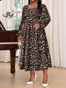 SHEIN Lady Vestidos de talla grande de primavera y verano, elegantes, de oficina y de uso casual, de estilo bohemio con estampado de leopardo de colores, con cuello cuadrado y cuello con volantes, de manga larga.