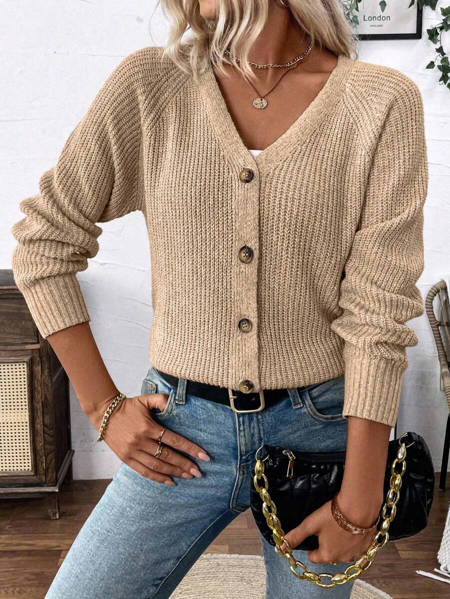 EMERY ROSE Versatile V-Neck Cardigan Sweater, Open Knit Outwear Loose Casual Minimalist Design, For Women Knitted Sweater Fall Winter Cloth For Women - Camel - View 1