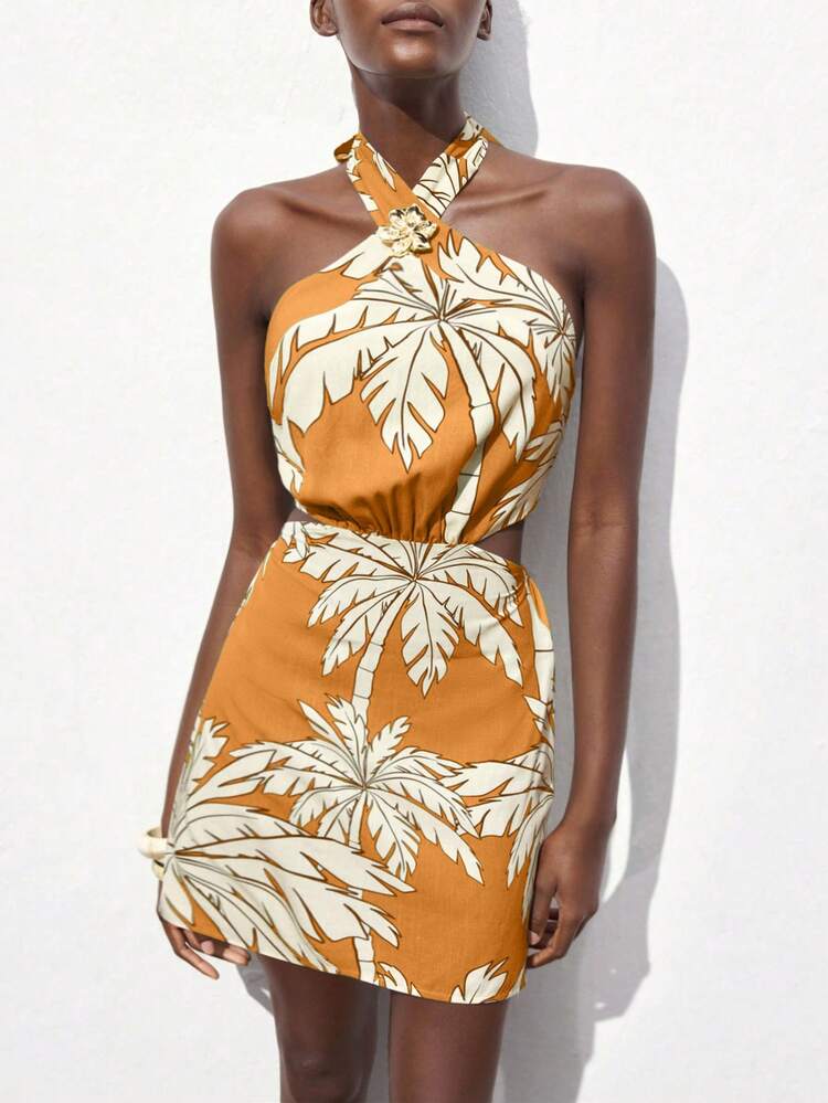 SHEIN Maija 2025年秋冬新作 女性カジュアル ミニマリスト トロピカル雨林 ヤシの木プリント クロスネック ストラップ メタルディテール ウエストカットアウト ドレス、エレガントでロマンチック、アーバン、職場、通勤、ビジネス、結婚式の来賓、パーティー、コンサート、ブランチ、空港、デイリーファッション、ハロウィン、クリスマスに適しています