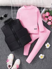 Sparklyn 年轻女孩 3 件套：基本款休闲短款立领背心、紫色罗纹圆领保暖棉质套头衫和紧身裤 - 适合冬季、休闲、日常穿着、学校、家庭聚会、街头风格和运动装