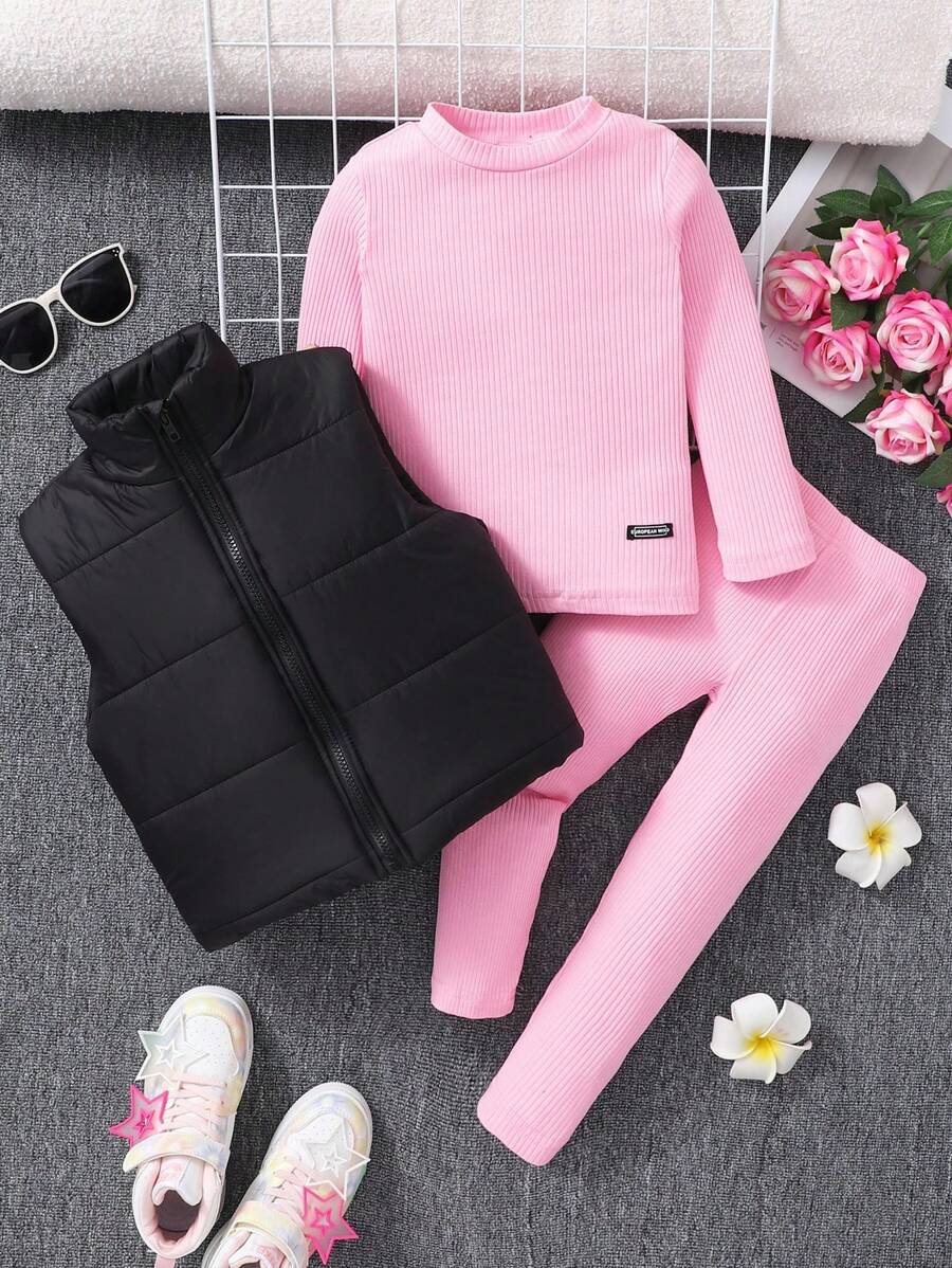 Sparklyn 年轻女孩 3 件套：基本款休闲短款立领背心、紫色罗纹圆领保暖棉质套头衫和紧身裤 - 适合冬季、休闲、日常穿着、学校、家庭聚会、街头风格和运动装