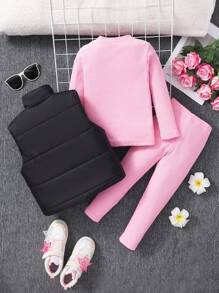 Sparklyn 年轻女孩 3 件套：基本款休闲短款立领背心、紫色罗纹圆领保暖棉质套头衫和紧身裤 - 适合冬季、休闲、日常穿着、学校、家庭聚会、街头风格和运动装