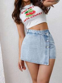 SHEIN ICON Jupe salopette en jean taille haute rétro grande taille avec boucle