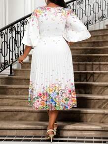 SHEIN Lady Vestidos de talla grande con cuello de pico, manga abullonada y plisada, de longitud midi y tres cuartos, de punto colorido y elegante para la oficina y uso diario, apropiados para primavera y verano