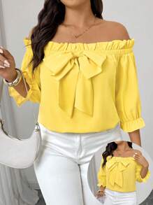 Elenzga Plus Size Off Shoulder Plain Bow Decor Casual Summer Blouse - Yellow - View 1