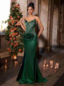 Glamrae Elegant Luxury Embroidered Lace Sequin Applique Mesh Splice Elastic Satin Ruched Mermaid Skirt, Sexy High Split Mermaid Skirt With Train, Suitable For Weddings, Parties, Galas, Formal Events (Heavy Duty) - Dark Green - View 7