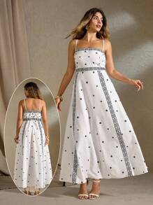 Roveilla Plus Size Modna Wakacyjna Vintage Wzór Nadruk Taliowana Sukienka Maxi Spaghetti Ramiączka - Wielokolorowe - Zobacz 4