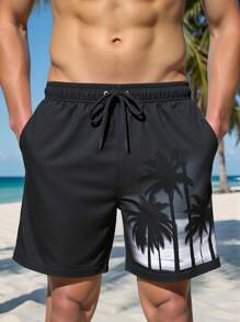 Manfinity Swimmode Men's Palm Tree Print Drawstring Waist Pocket Beach Shorts, Suitable For Summer Men Black Swim Trunks Black Swim Shorts With Palm Trees - Black - View 1