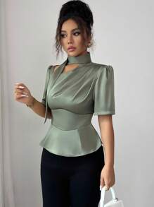 Selianne Women's Sage Green Elegant Summer Satin Blouse,Brunch Afternoon Tea Party Office Shoulder Cutout Gathered Waist A-Line Ruffle Puff Sleeve Shirt Top - Green - View 4
