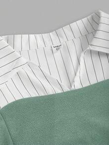 2pcs/Set Elegant Casual Striped Woven Patchwork Blouse Top And Black Slim Flare Pants Outfit, Suitable For Spring/Autumn, Teenage Girls - Mint Green - View 9