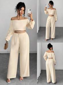Elenzga 大码女式露肩抹胸蝴蝶结肩带长袖上衣和直腿宽裤两件套