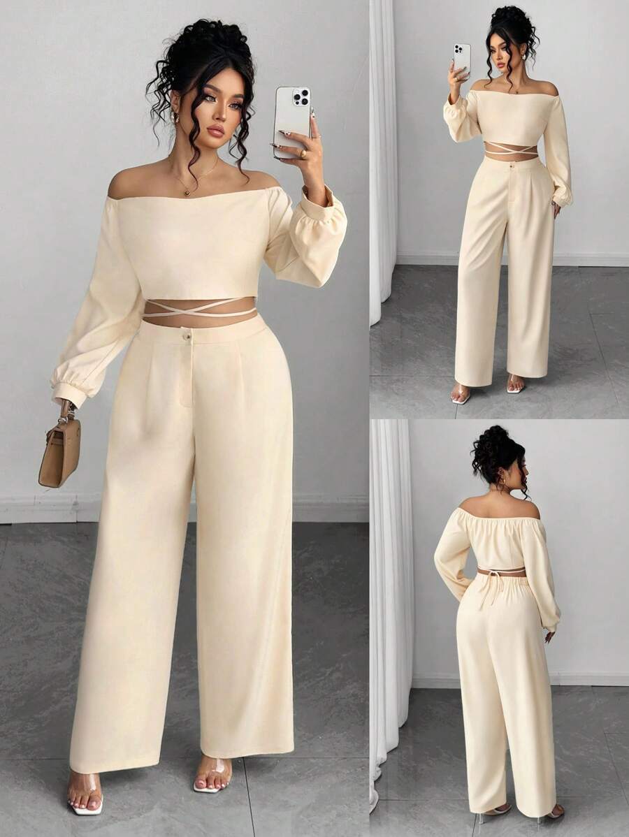 Elenzga 大码女式露肩抹胸蝴蝶结肩带长袖上衣和直腿宽裤两件套
