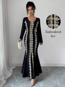 Elenzga Women's Elegant Long Sleeve High-Low Contrast Color Gold Woven Sash Waist Fit & Flare Dress, Flattering And Sophisticated Style For Spring/Summer Fall Cloth For Women - Black - View 3
