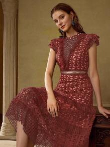 MOTF PREMIUM VESTIDO CON VOLANTES DE ENCAJE DE CONTRASTE - Burdeos - Ver 3