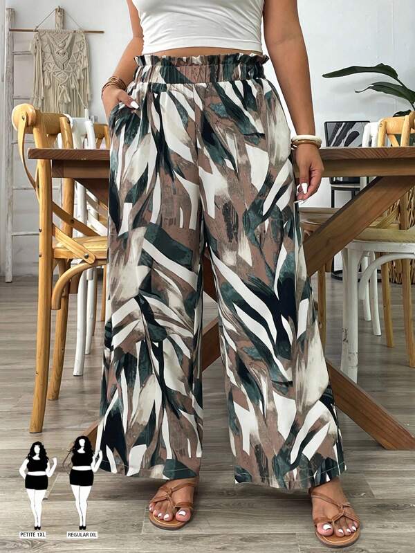 SHEIN PETITE Plus-size losse allover print wijde casual vakantiebroek